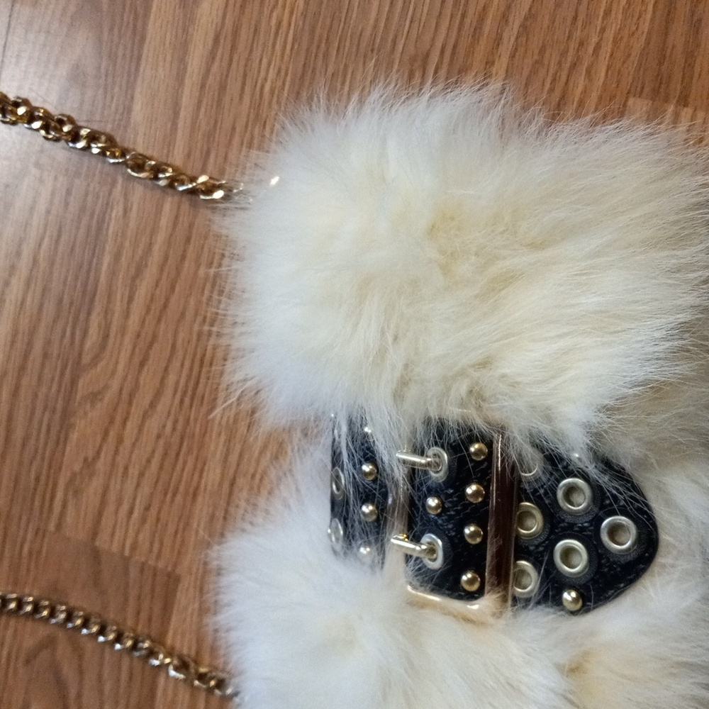Faux Fur Gold Chain Shoulder Bag - Cream and Black, Gold Designed Buckle - Picture 9 of 9